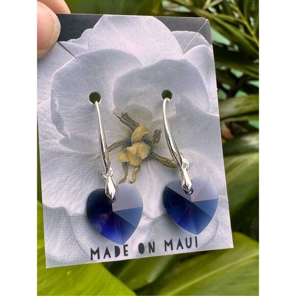 228A. Swarovski Dark Indigo Heart & Sterling Silver Earrings Made on Maui - Picture 4 of 4